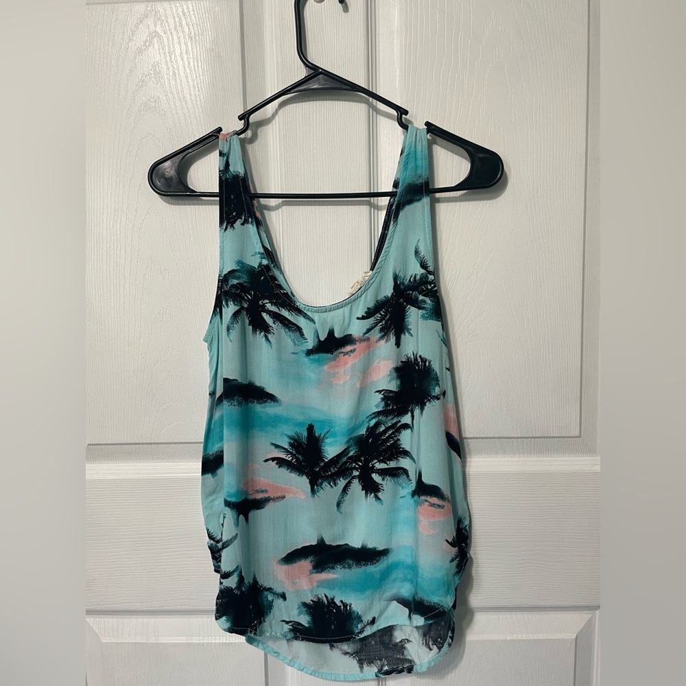 Tropical Palm Tree Print Tank Top - Aqua Pink Black